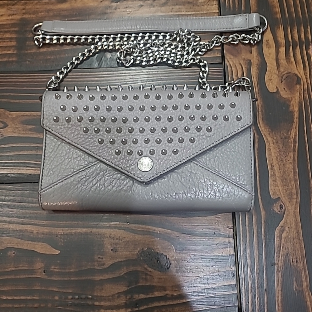 Rebecca Minkoff Studded Spiked Leather Crossbody Purse Wallet Grey With Chain